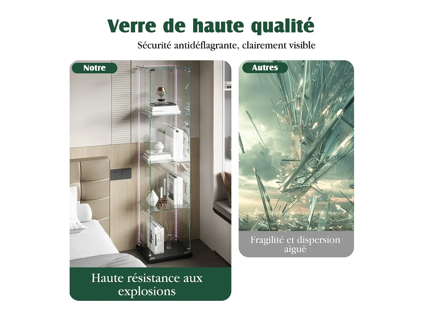 Vitrine de vidro com iluminação LED, portas e prateleiras com fechadura, ideal para sala de estar/bar, 163x40x35 cm, preta.