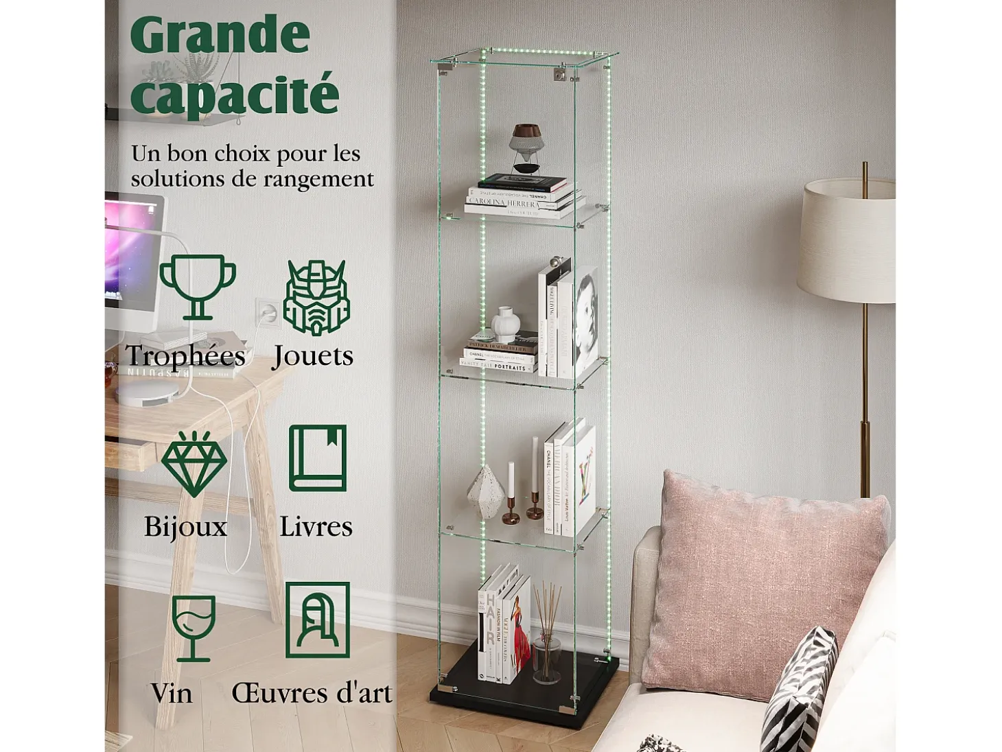 Vitrine de vidro com iluminação LED, portas e prateleiras com fechadura, ideal para sala de estar/bar, 163x40x35 cm, preta.