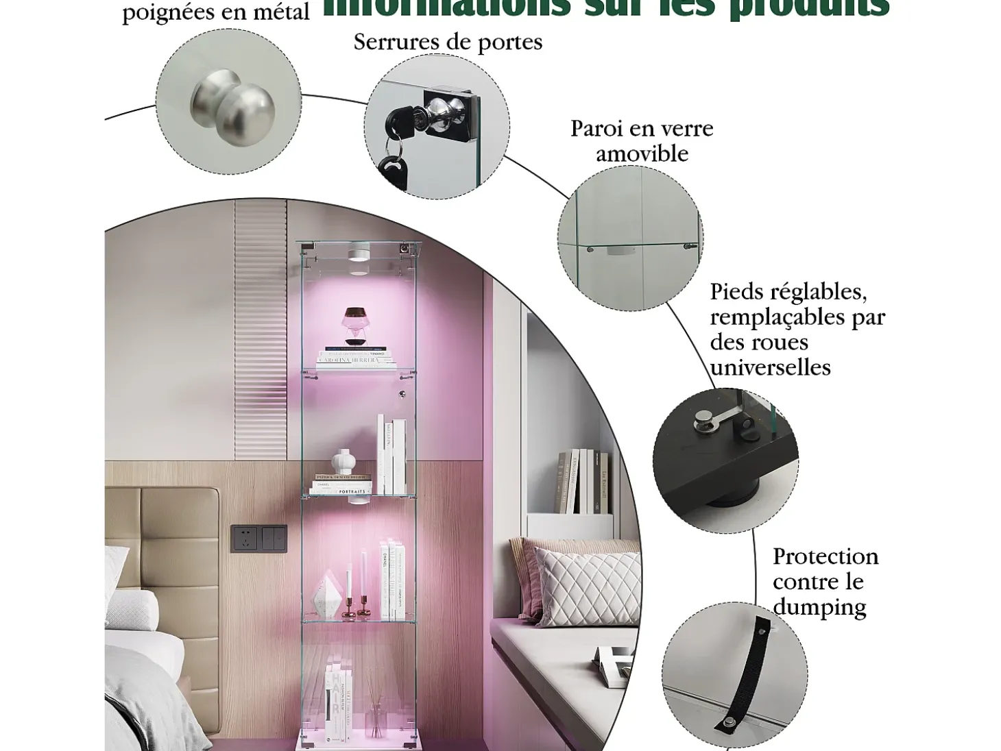 Vitrine de vidro com iluminação LED acionável por toque, portas e prateleiras com fechadura, 163x40x35 cm, branca.