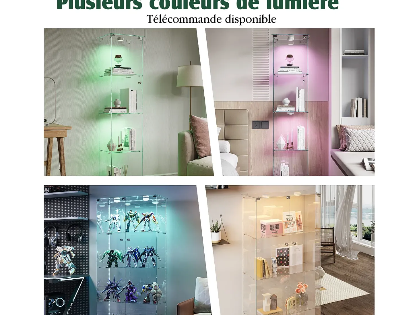 Vitrine de vidro com iluminação LED acionável por toque, portas e prateleiras com fechadura, 163x40x35 cm, branca.