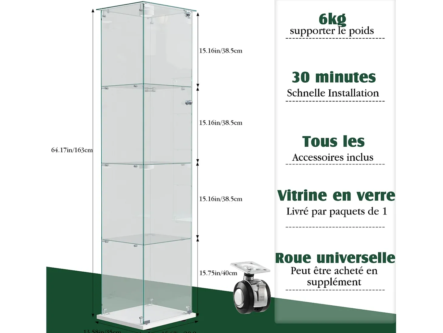 Vitrine de vidro com iluminação LED acionável por toque, portas e prateleiras com fechadura, 163x40x35 cm, branca.