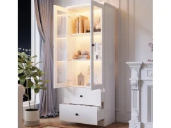 Vitrine de vidro com iluminação LED, 2 portas e 2 gavetas, 60x35,5x165cm, branca