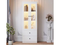 Vitrine de vidro com iluminação LED, 2 portas e 2 gavetas, 60x35,5x165cm, branca