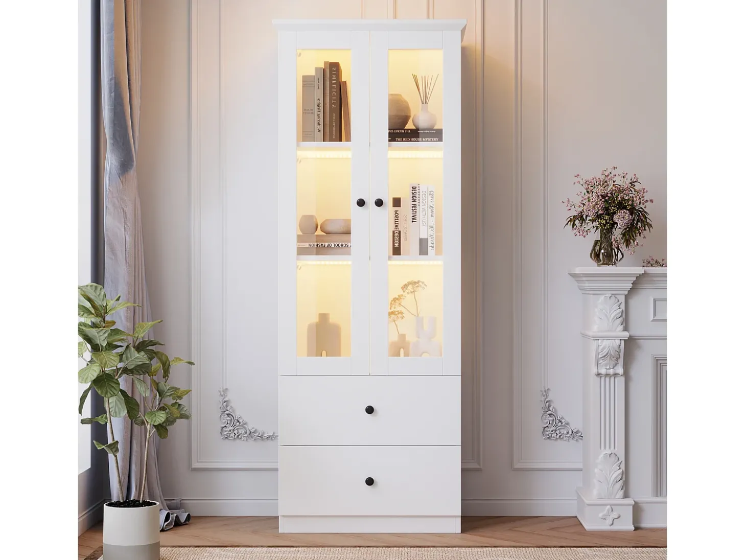 Vitrine de vidro com iluminação LED, 2 portas e 2 gavetas, 60x35,5x165cm, branca