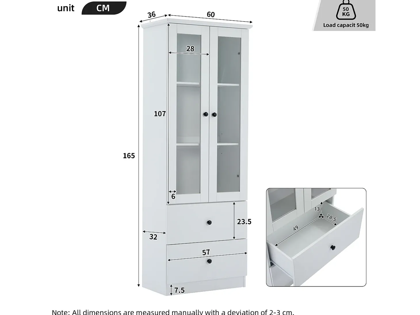 Vitrine de vidro com iluminação LED, 2 portas e 2 gavetas, 60x35,5x165cm, branca