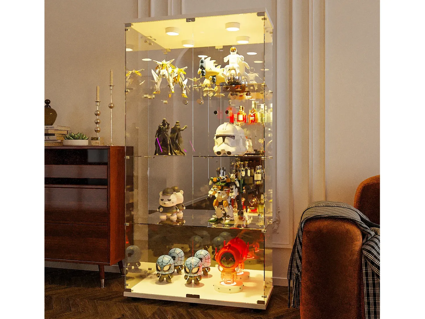 Vitrine de vidro com iluminação LED e fechadura, vitrine de vidro para sala de estar com 2 portas e prateleiras, branca