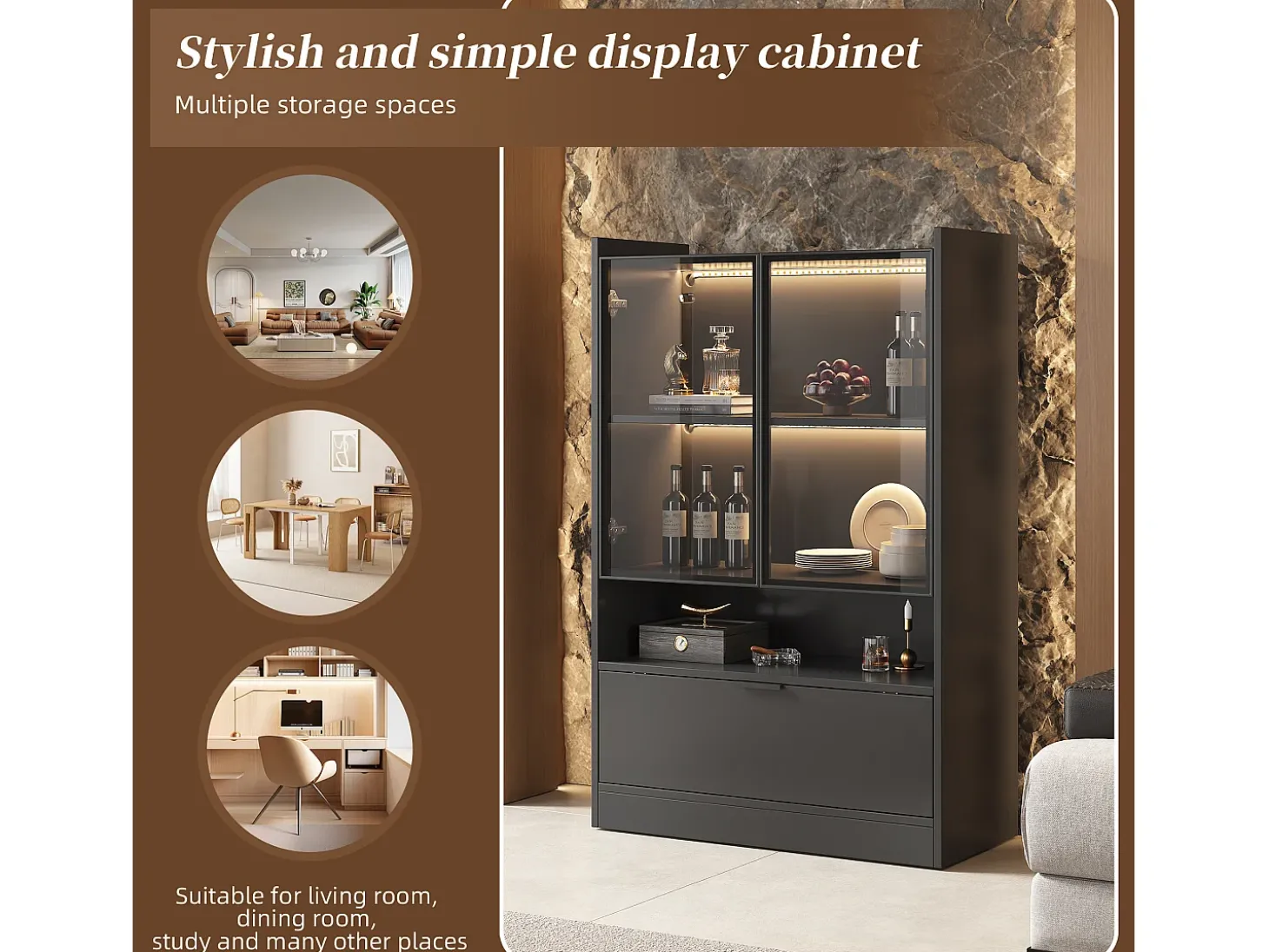 Vitrine de vidro com iluminação LED - Design pop-up - Vitrine para coleções - 35 x 80 x 120 cm, Preta