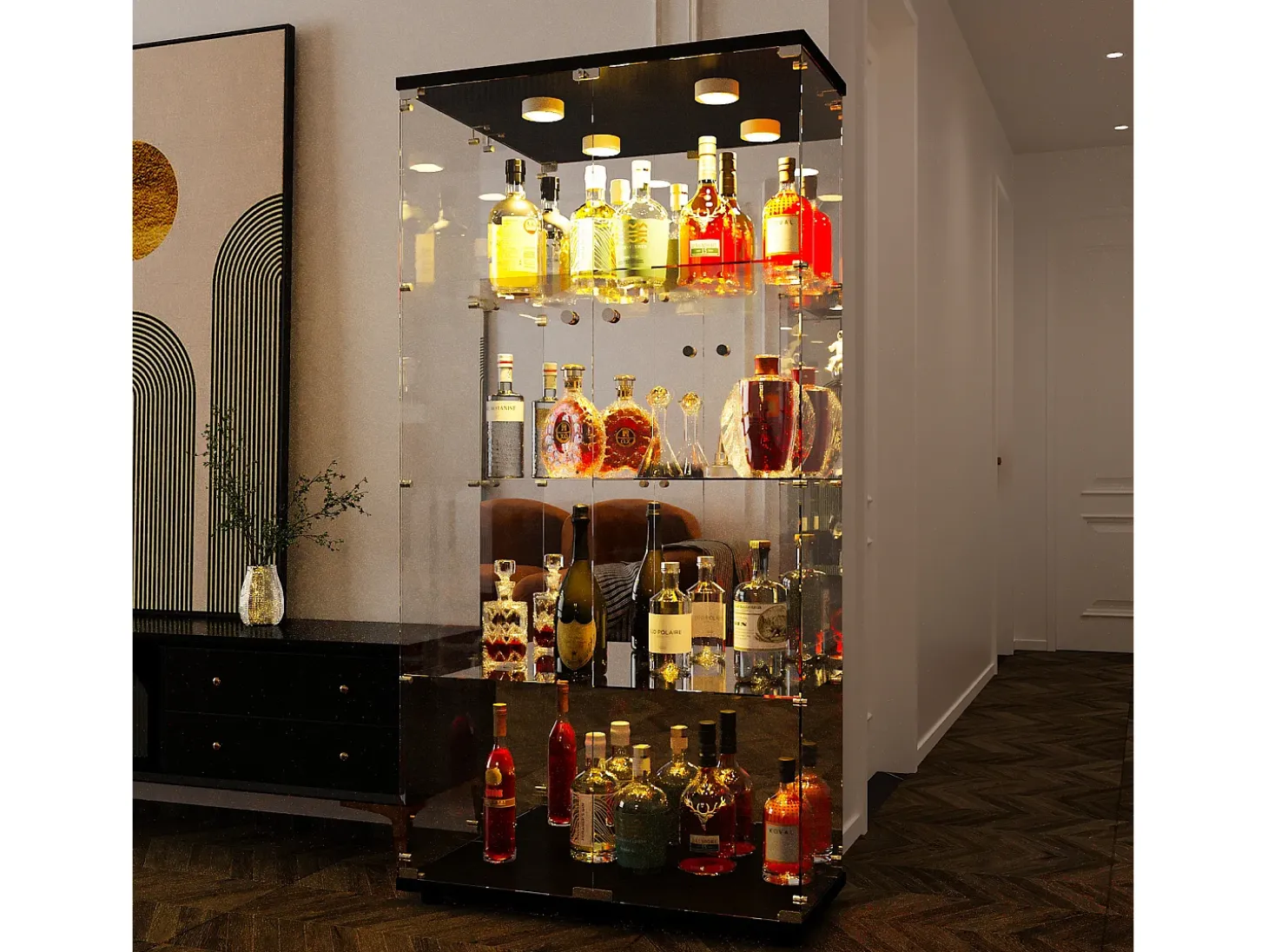 Vitrine de vidro de 163,9 x 36,49 x 80,49 cm, com prateleiras e iluminação LED, armário de curiosidades com porta dupla