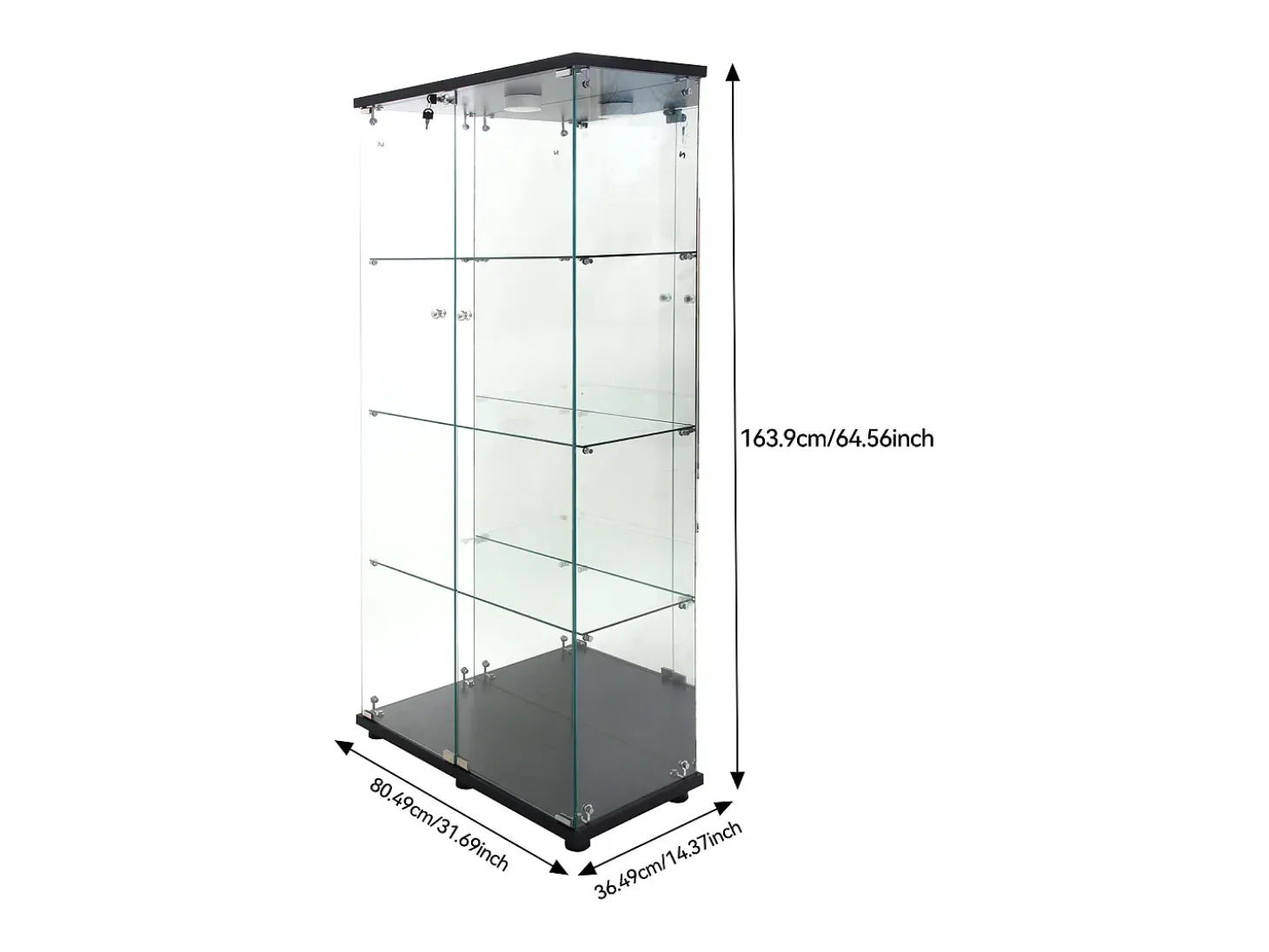 Vitrine de vidro de 163,9 x 36,49 x 80,49 cm, com prateleiras e iluminação LED, armário de curiosidades com porta dupla