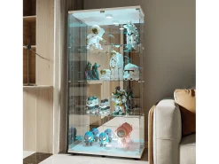 Vitrine de vidro de 163,9 x 36,49 x 80,49 cm, com prateleiras e iluminação LED, armário de curiosidades com porta dupla