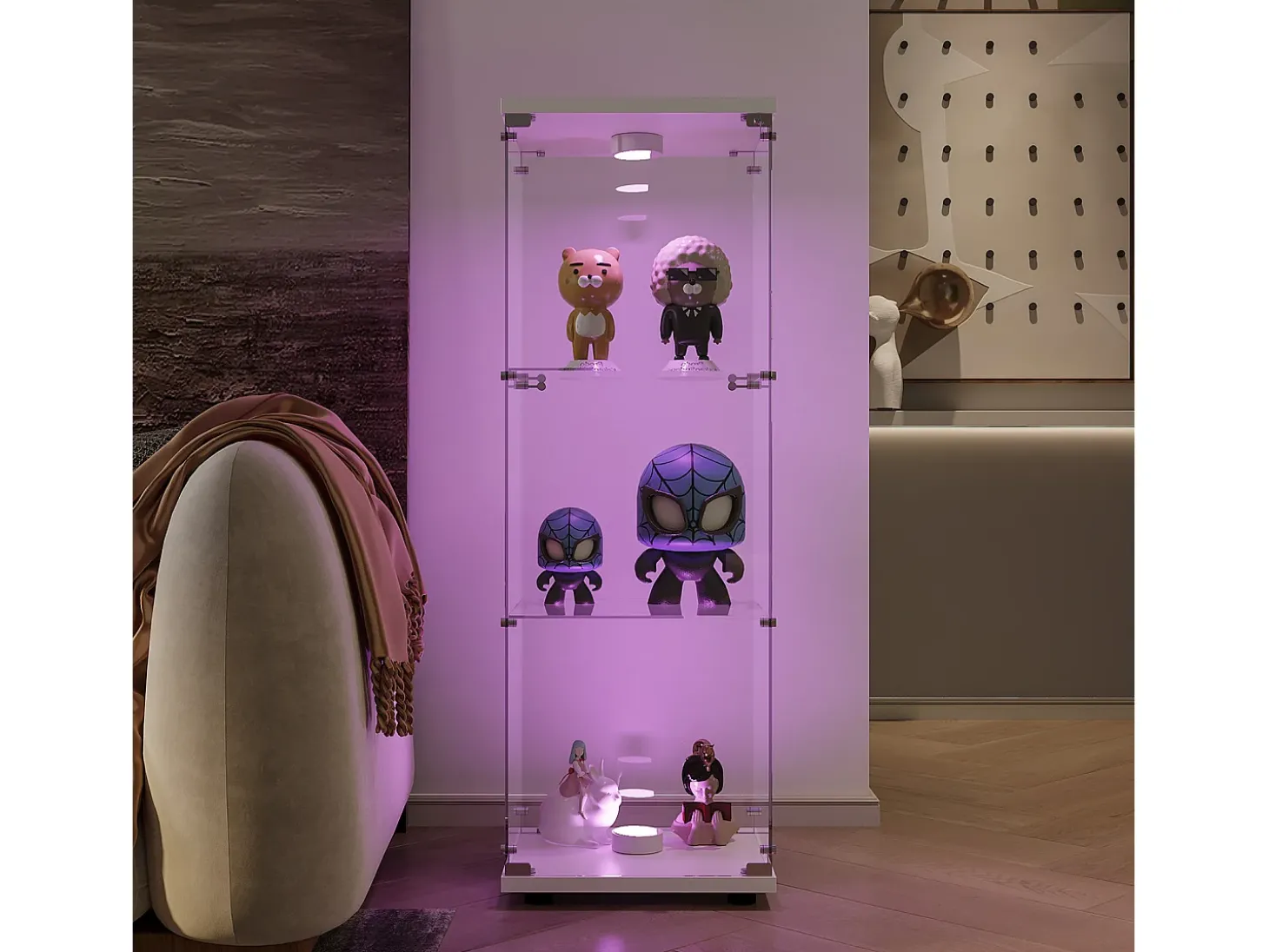 Vitrine de vidro independente, 125 cm, com iluminação LED, fechadura, 1 porta, 3 prateleiras, transparente, branca