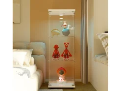 Vitrine de vidro independente, 125 cm, com iluminação LED, fechadura, 1 porta, 3 prateleiras, transparente, branca