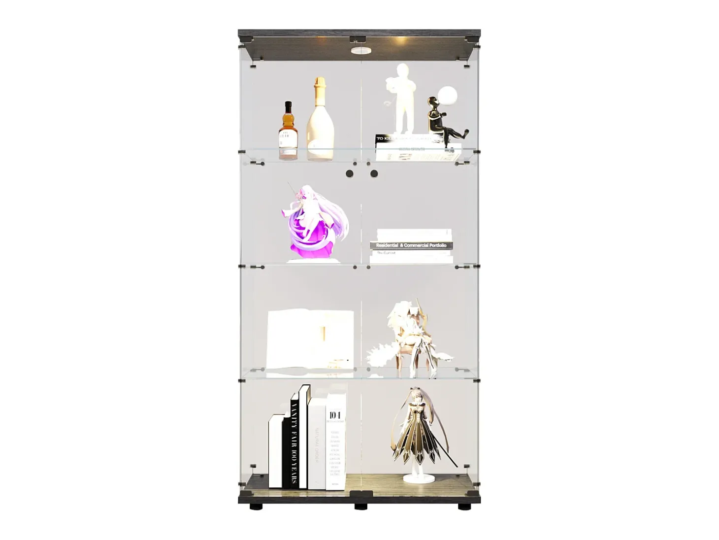 Vitrine de vidro LED – 4 prateleiras, 2 portas, vitrine independente, preta, 80,49 x 36,49 x 163,9 cm