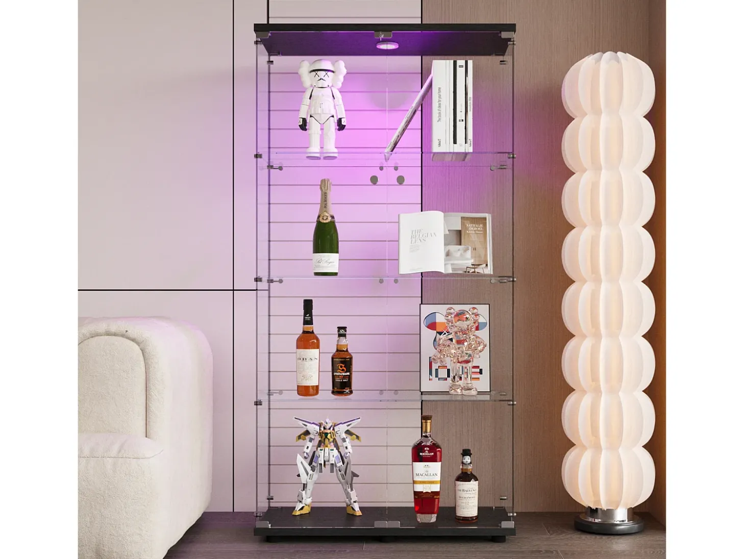 Vitrine de vidro LED – 4 prateleiras, 2 portas, vitrine independente, preta, 80,49 x 36,49 x 163,9 cm