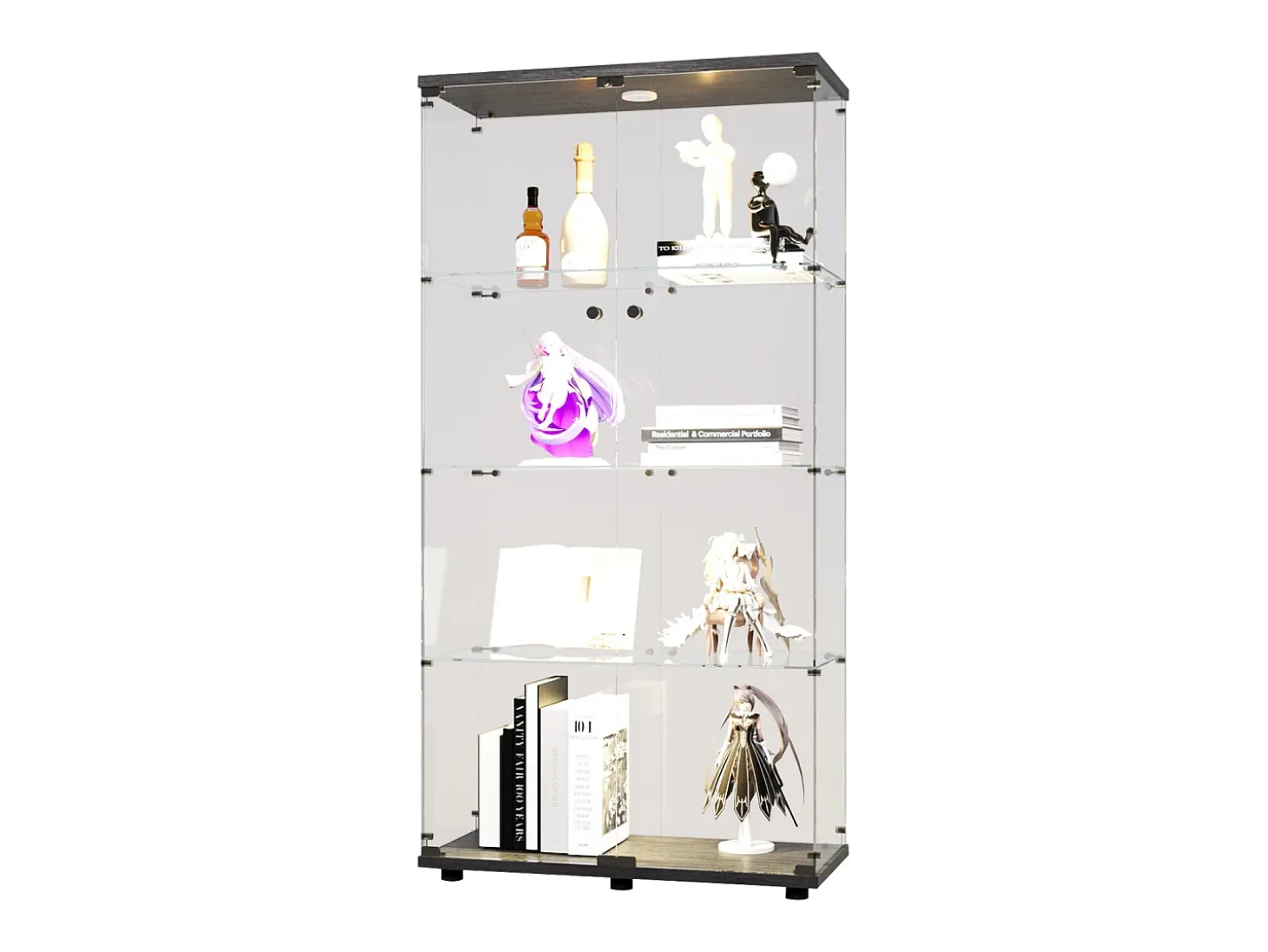 Vitrine de vidro LED – 4 prateleiras, 2 portas, vitrine independente, preta, 80,49 x 36,49 x 163,9 cm