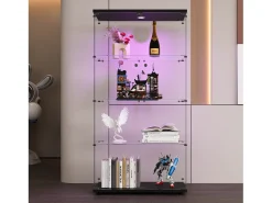 Vitrine de vidro sobre suporte, LED, 2 portas com fechadura, 4 compartimentos, para coleções e decoração