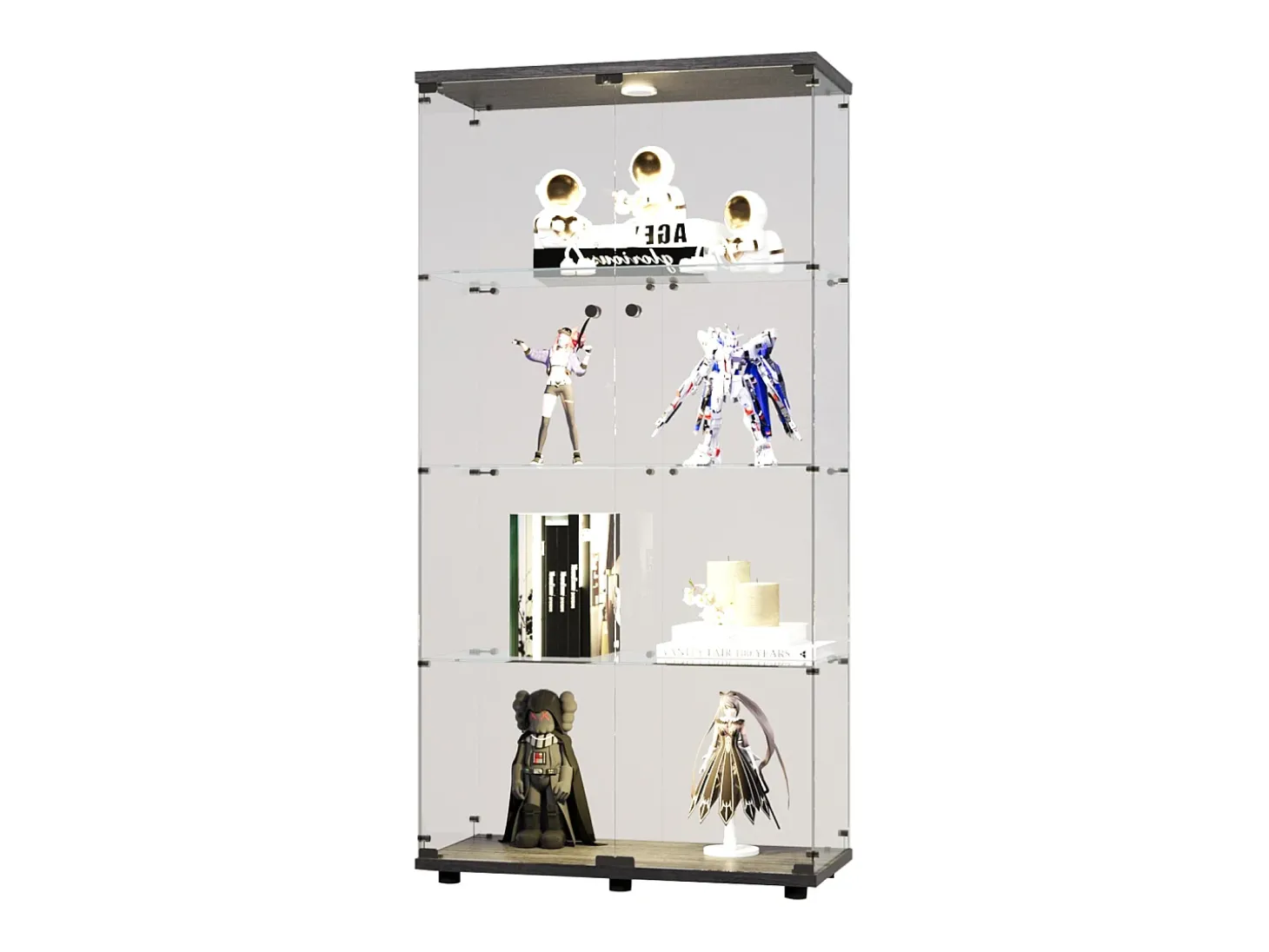 Vitrine de vidro sobre suporte, LED, 2 portas com fechadura, 4 compartimentos, para coleções e decoração