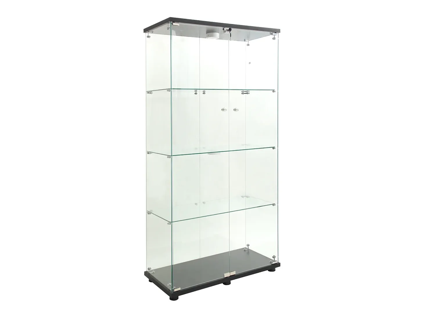 Vitrine de vidro sobre suporte, LED, 2 portas com fechadura, 4 compartimentos, para coleções e decoração
