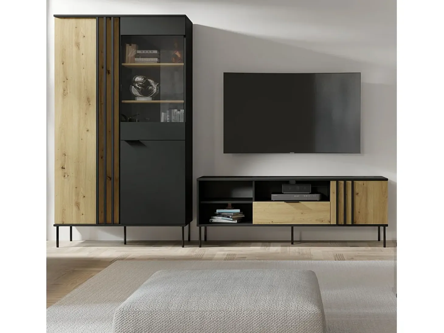 Vitrine design IZO – 2 portas – Ônix preto & Carvalho claro – 110x195x40 cm
