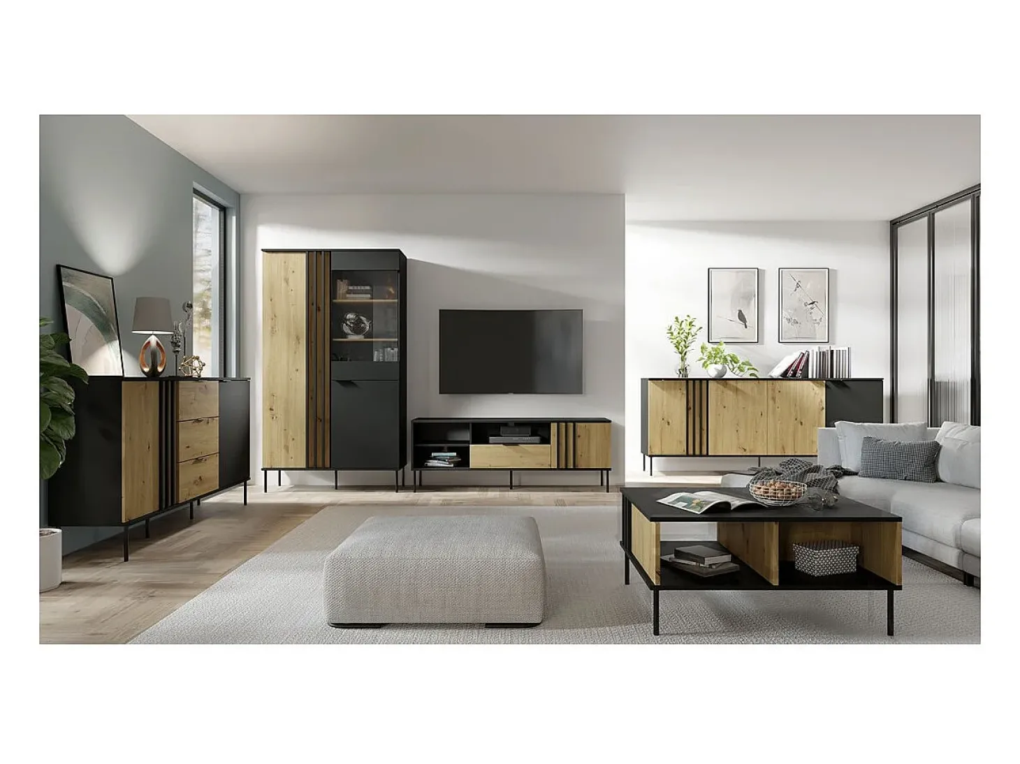 Vitrine design IZO – 2 portas – Ônix preto & Carvalho claro – 110x195x40 cm