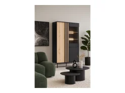 Vitrine design IZO – 2 portas – Ônix preto & Carvalho claro – 110x195x40 cm