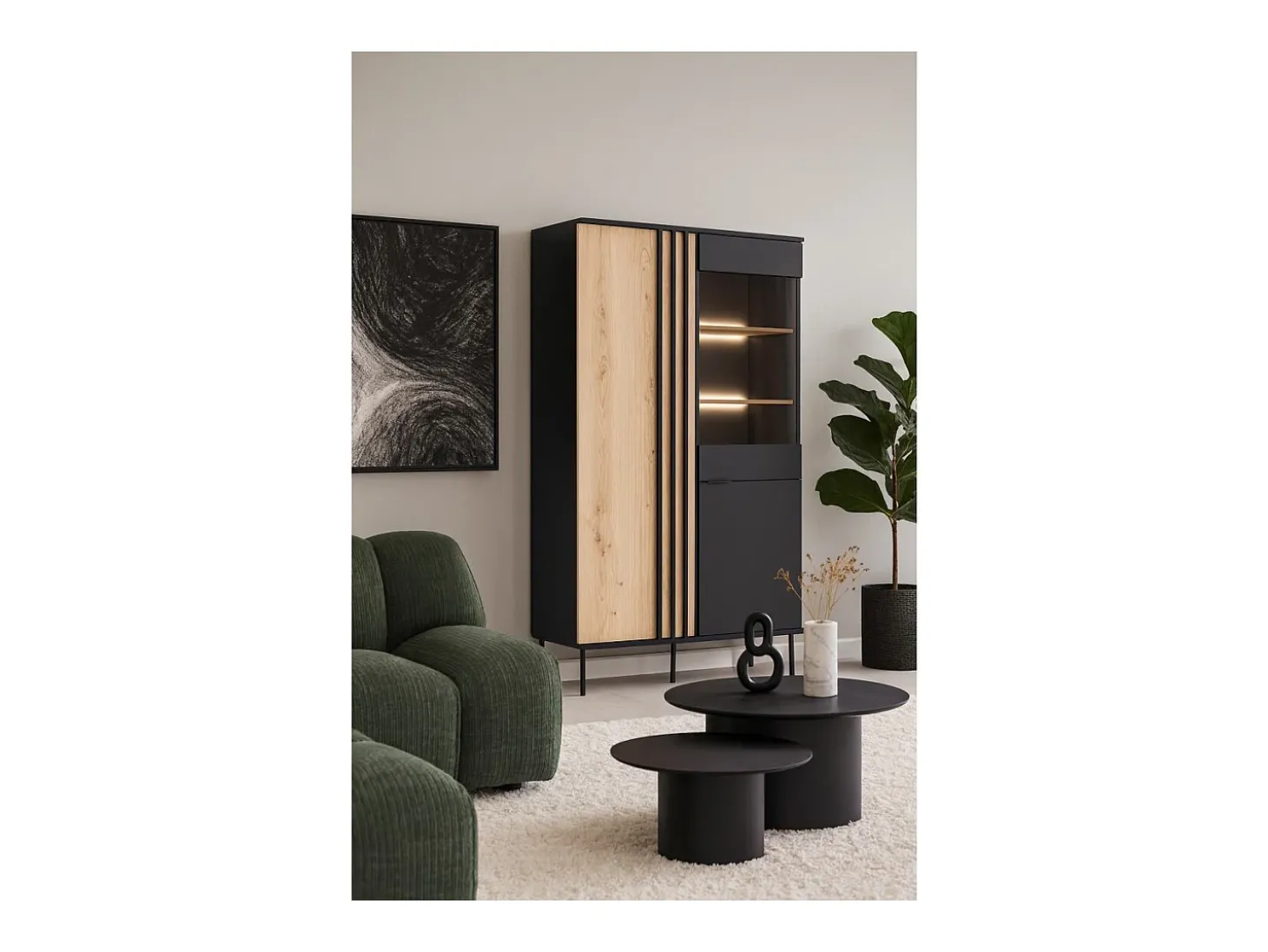 Vitrine design IZO – 2 portas – Ônix preto & Carvalho claro – 110x195x40 cm