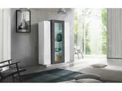 Vitrine Dfrutt, Aparador com três portas, Móveis de sala multiuso, 100% Fabricado na Itália, 80x38h121 cm, Branco brilhante e ardósia