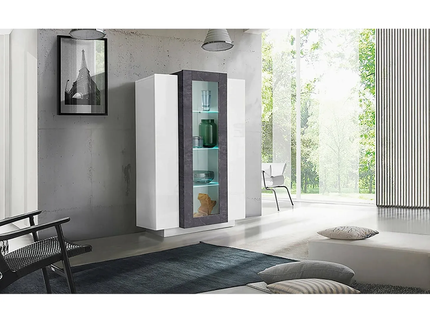 Vitrine Dfrutt, Aparador com três portas, Móveis de sala multiuso, 100% Fabricado na Itália, 80x38h121 cm, Branco brilhante e ardósia