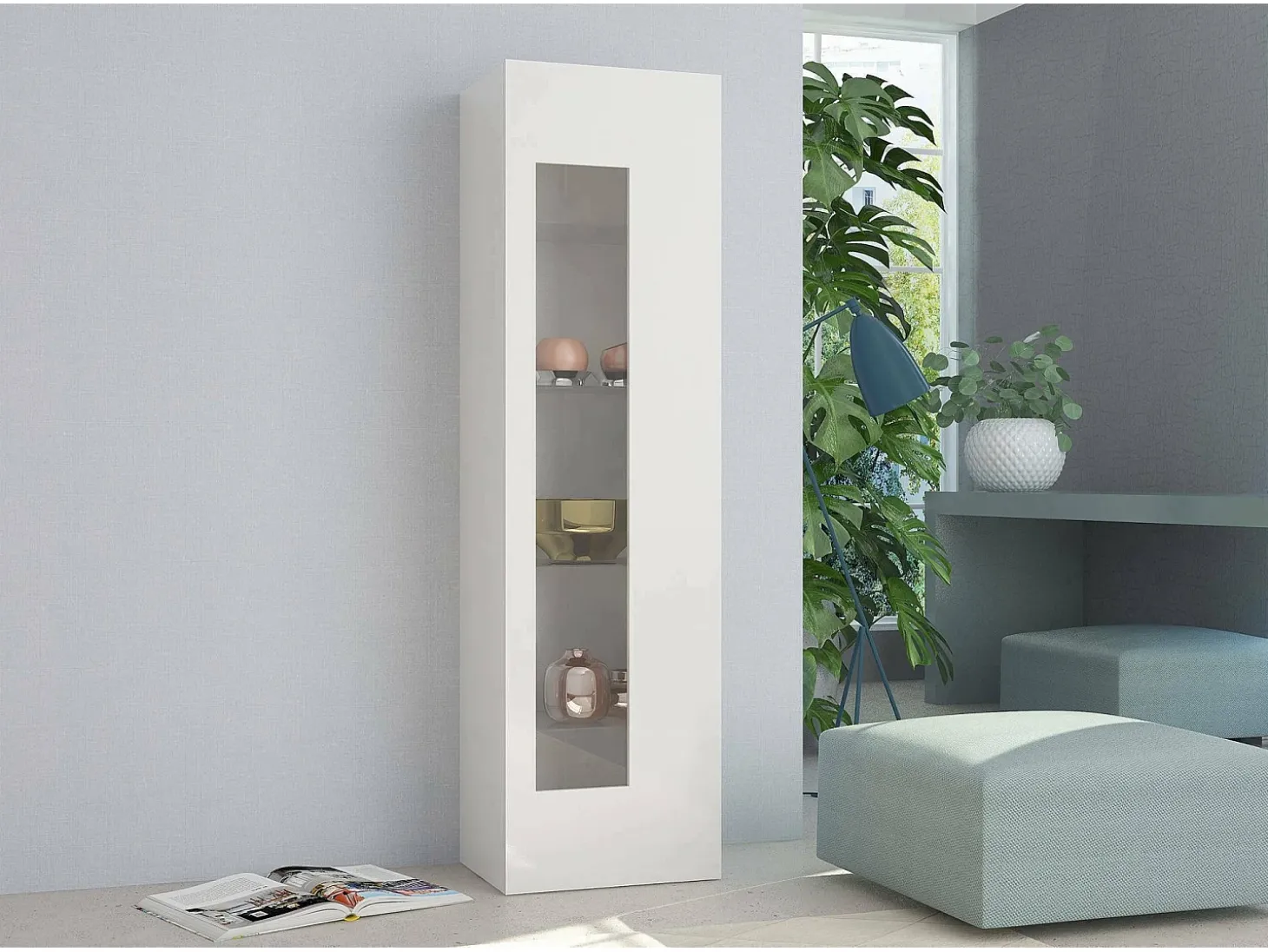 Vitrine Dizz, Aparador com porta de vidro, Móveis de sala multiuso, 100% Fabricado na Itália, 45x34h162 cm, Branco brilhante