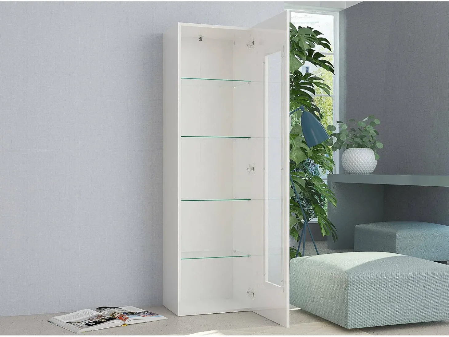 Vitrine Dizz, Aparador com porta de vidro, Móveis de sala multiuso, 100% Fabricado na Itália, 45x34h162 cm, Branco brilhante