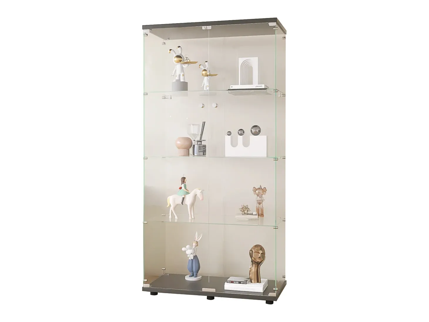 Vitrine em vidro 4 prateleiras, 81x37x165cm, prateleira em vidro com 2 portas, vitrine sobre suporte, preta