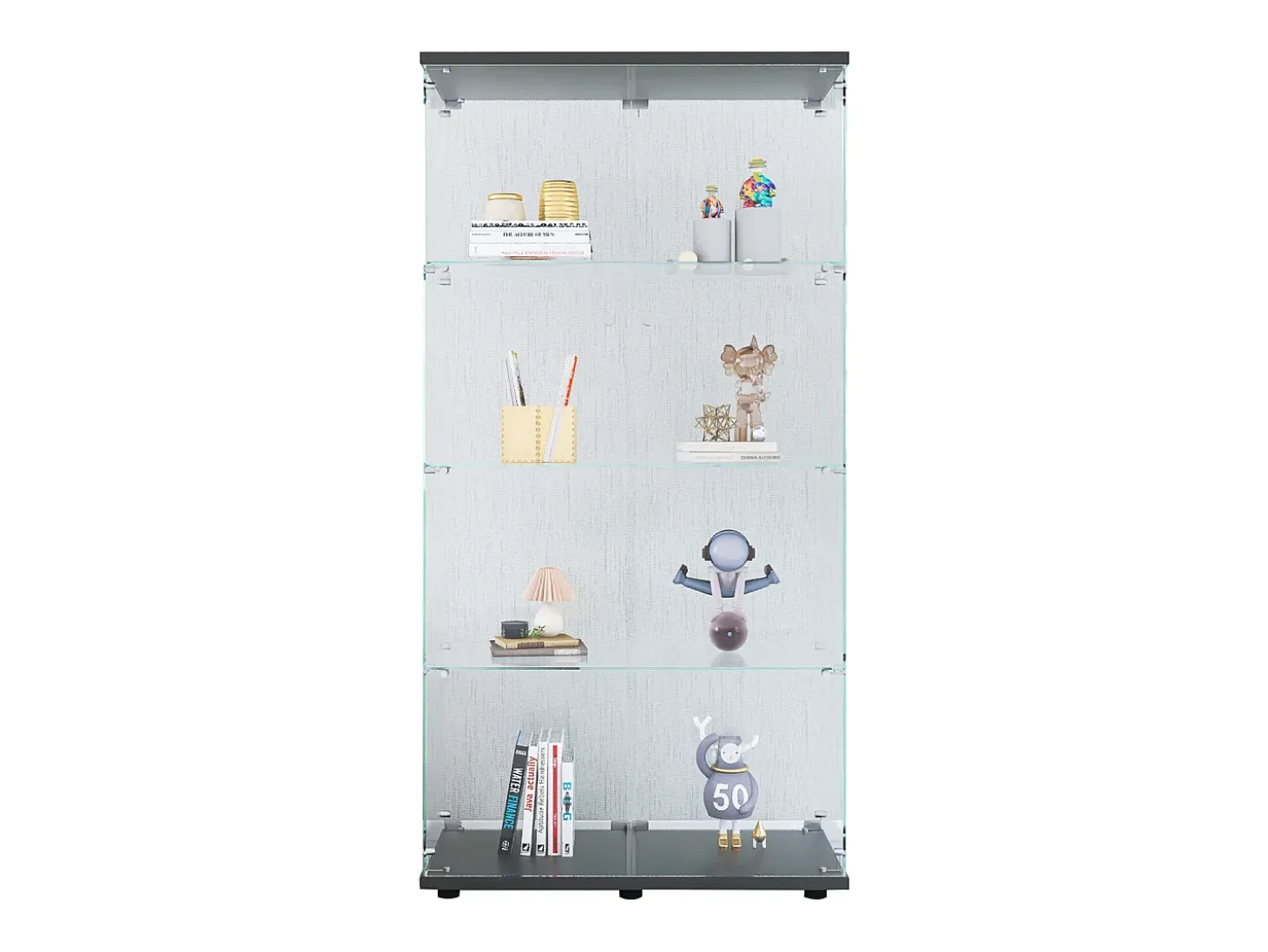 Vitrine em vidro 4 prateleiras, 81x37x165cm, prateleira em vidro com 2 portas, vitrine sobre suporte, preta