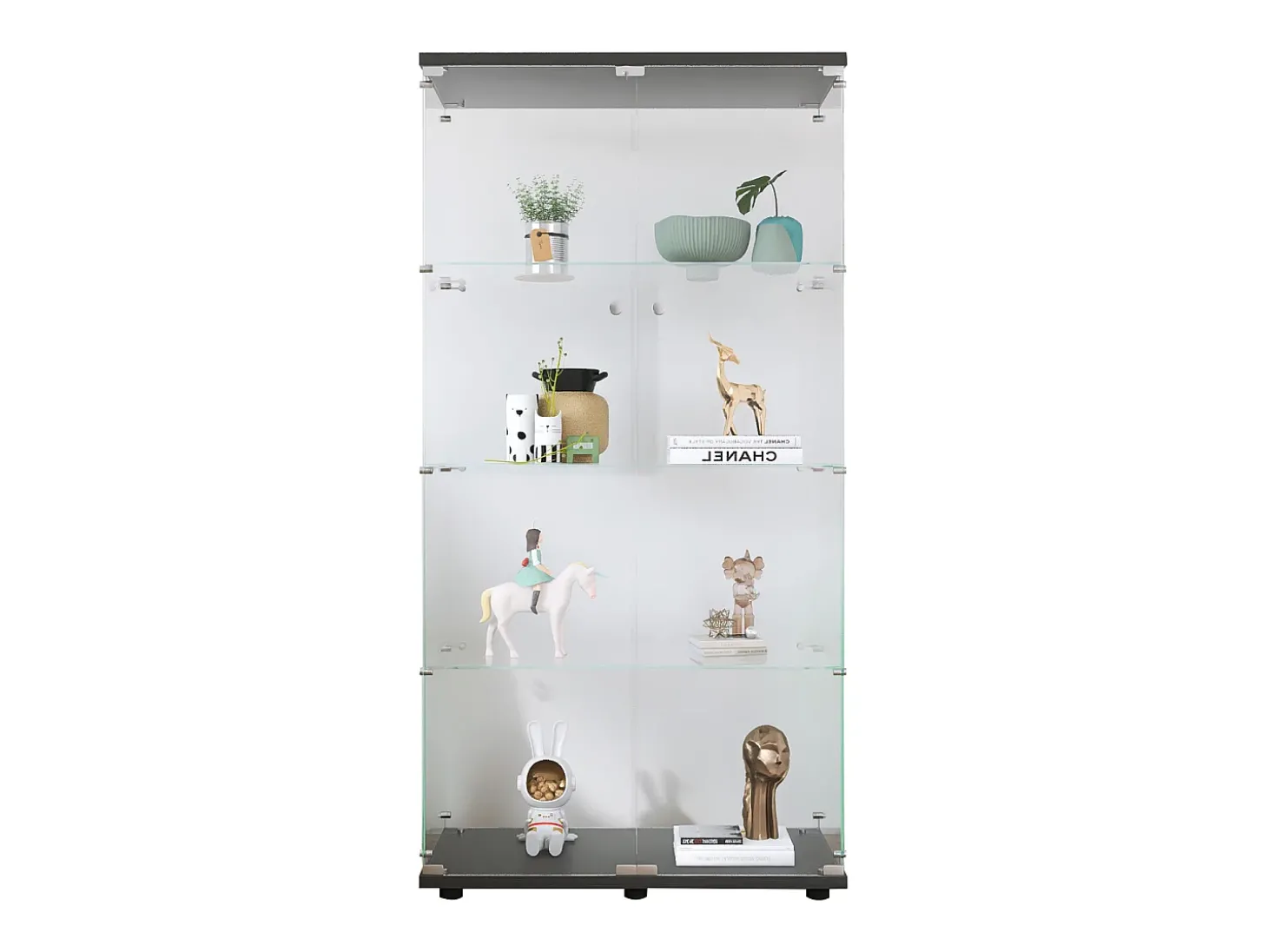 Vitrine em vidro 4 prateleiras, 81x37x165cm, prateleira em vidro com 2 portas, vitrine sobre suporte, preta