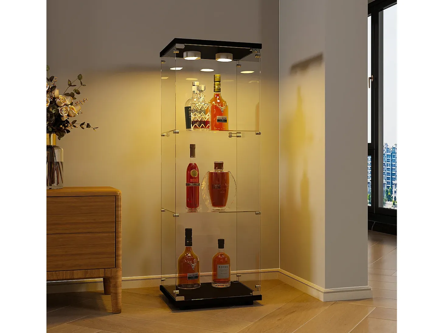 Vitrine em vidro 42×36×125cm GARHELPER - 3 prateleiras - 1 porta - Vidro temperado - Luz LED - branco
