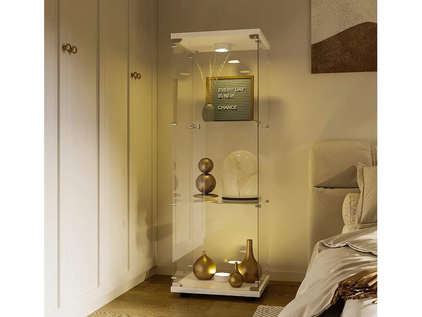 Vitrine em vidro 42×36×125cm GARHELPER - 3 prateleiras - 1 porta - Vidro temperado - Luz LED - Preto