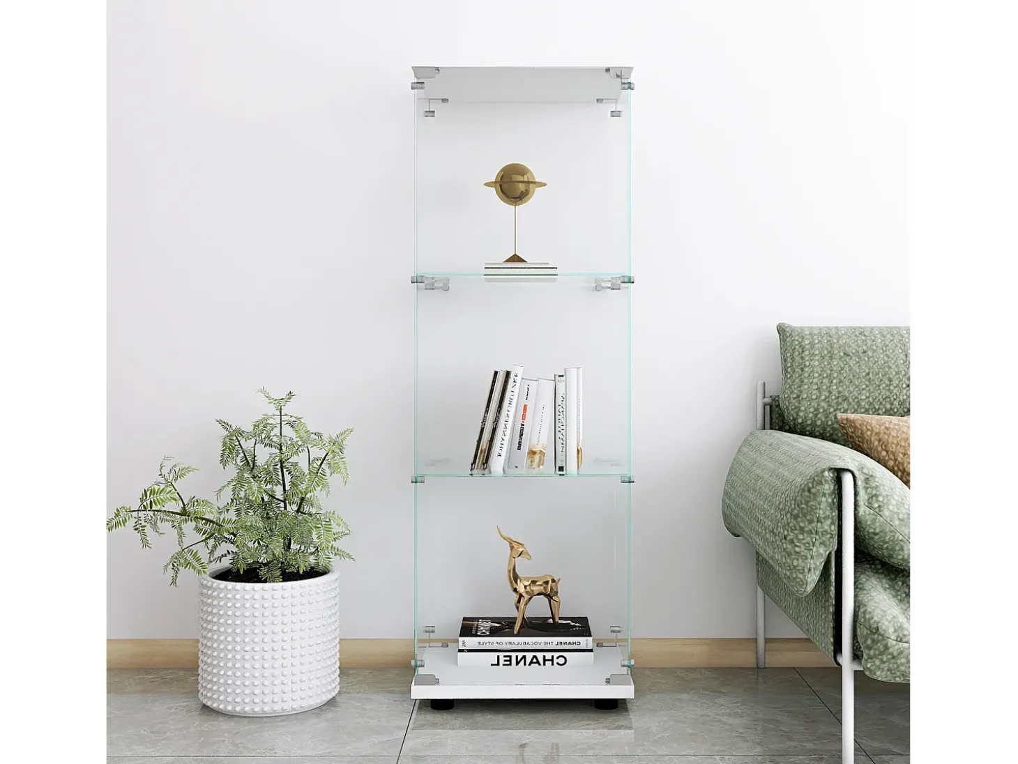 Vitrine em vidro 42×36×125cm GHARHELPER - 3 prateleiras - 1 porta - Vidro temperado - branco