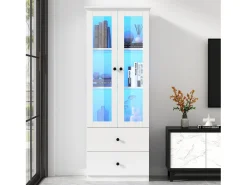 Vitrine LED moderna 60x35x165 cm - com porta USB - Controle remoto 16 cores - com 2 gavetas - com 2 portas de vidro - Branco
