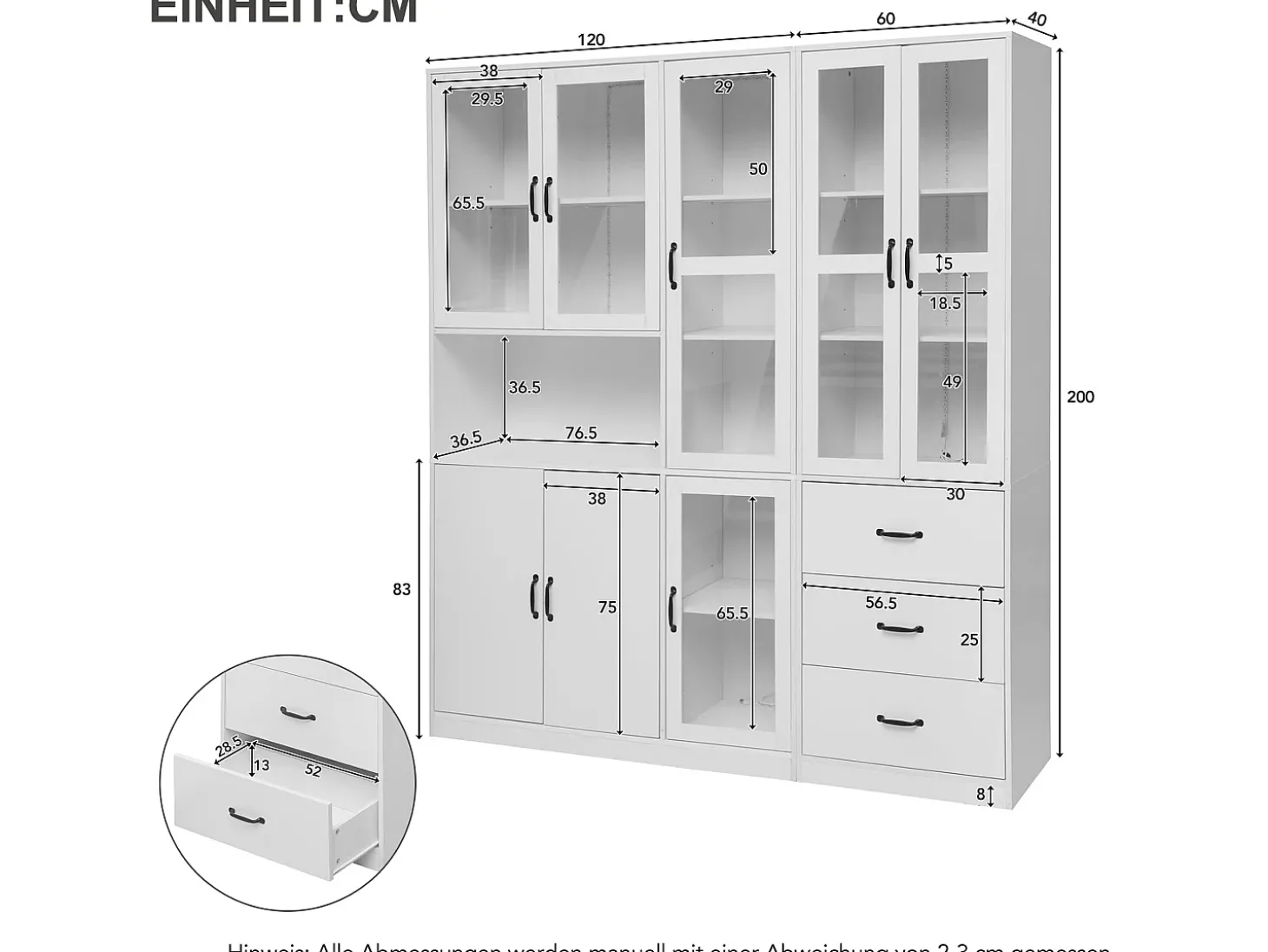 Vitrine moderna branca, 200 cm, 8 portas e 3 gavetas, com iluminação LED para sala de estar.