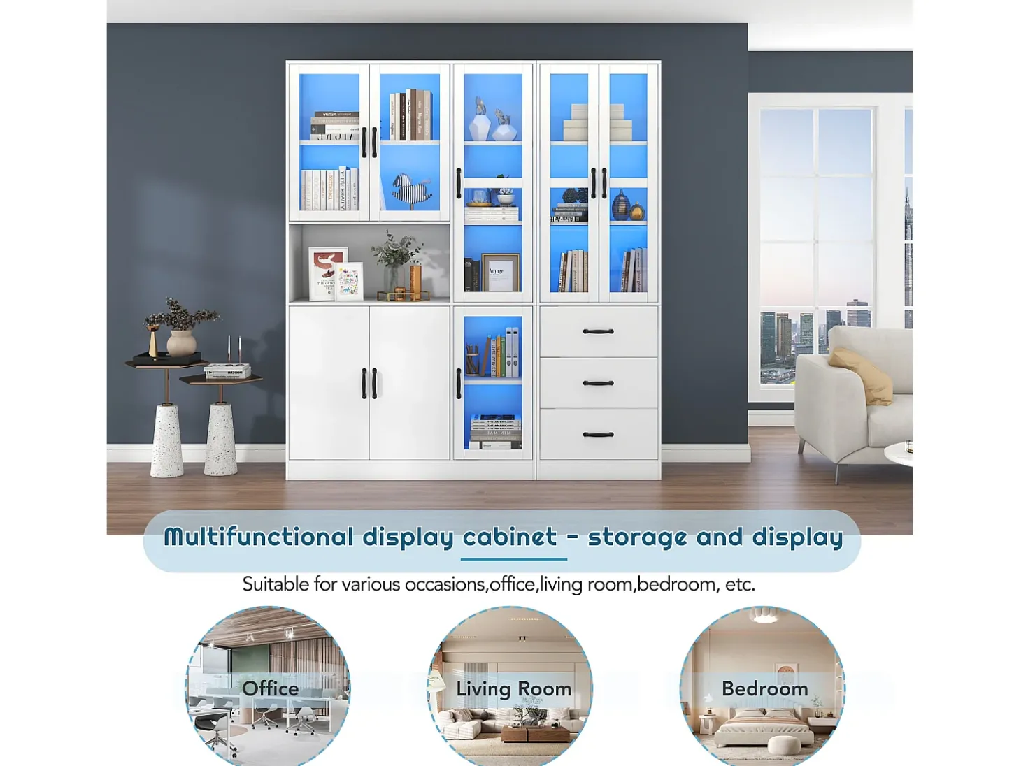Vitrine moderna branca, 200 cm, 8 portas e 3 gavetas, com iluminação LED para sala de estar.