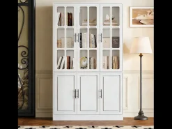 Vitrine moderna de vidro - 121,5 x 41 x 200 cm - com 6 portas + LEDs - MDF - branca