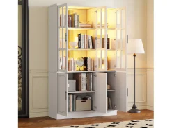 Vitrine moderna de vidro - 121,5 x 41 x 200 cm - com 6 portas + LEDs - MDF - branca