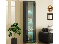 Vitrine multifuncional - 40 x 29 x 170 cm - com porta de vidro + LEDs - PB + Vidro - preto