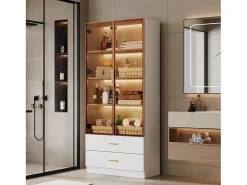 Vitrine, móvel de banheiro com LED - 2 gavetas e 2 portas de vidro - Branco
