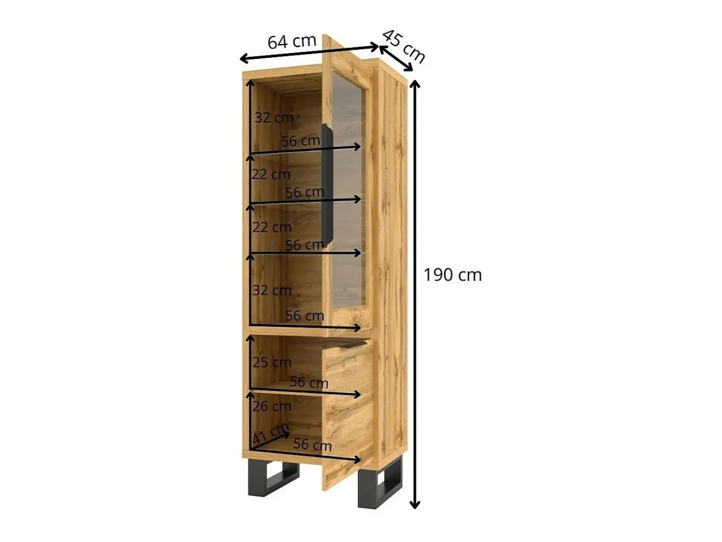 Vitrine na cor carvalho da coleção MILO. Acabamento em preto. Móvel ideal para a sua sala de jantar.