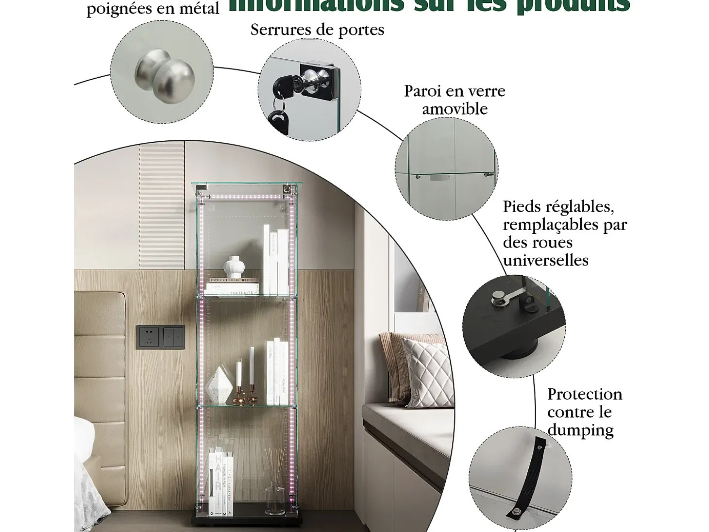 Vitrine única – 3 níveis, fundo preto, acabamento transparente