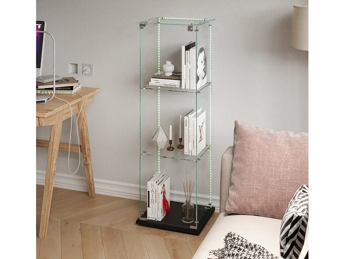 Vitrine única – 3 níveis, fundo preto, acabamento transparente