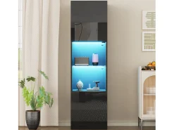 Vitrine preta brilhante com iluminação LED - Armário alto para sala de estar - Armário de armazenamento - 45x35x160 cm