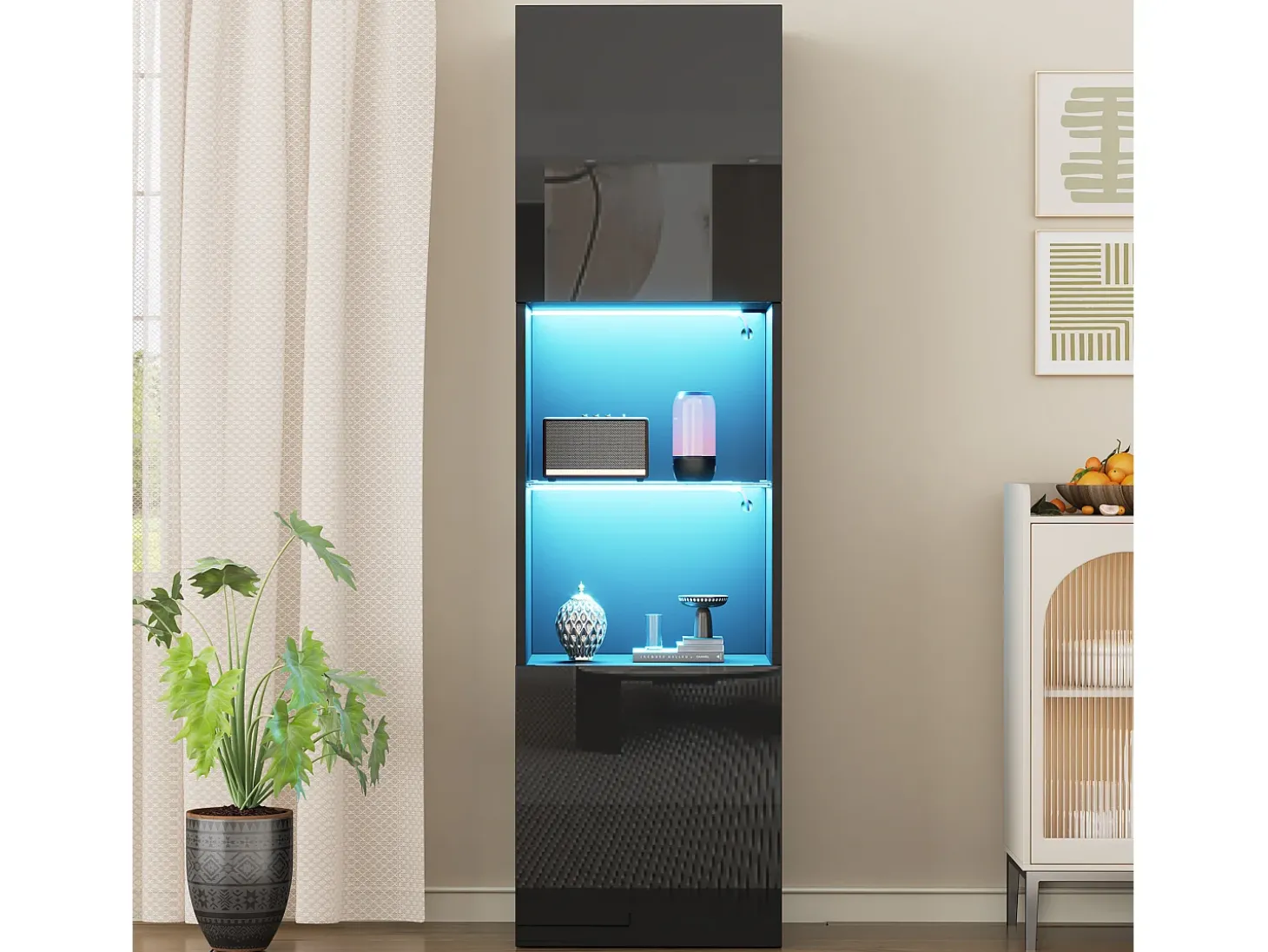 Vitrine preta brilhante com iluminação LED - Armário alto para sala de estar - Armário de armazenamento - 45x35x160 cm