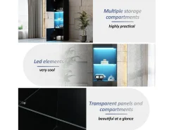 Vitrine preta brilhante com iluminação LED - Armário alto para sala de estar - Armário de armazenamento - 45x35x160 cm