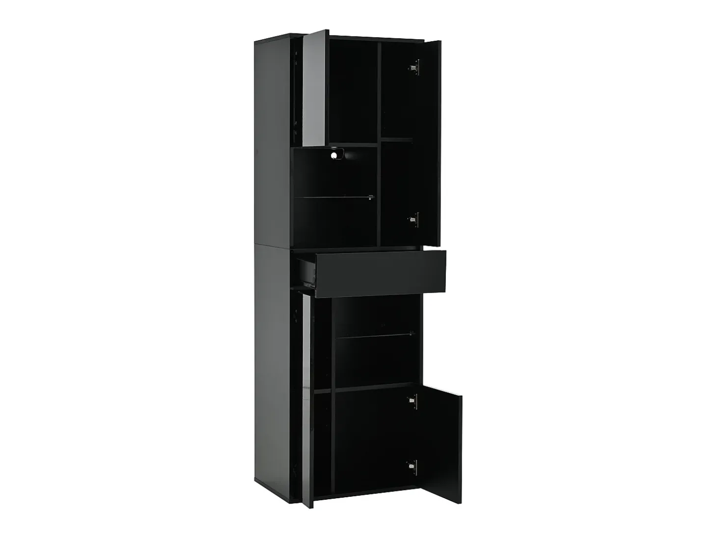Vitrine preta com 1 gaveta, 4 portas e iluminação LED, prateleiras em vidro, 55x38x170 cm